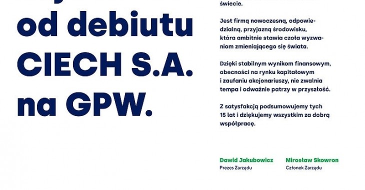 Akcje CIECH od 15 lat na Giełdzie Papierów Wartościowych w Warszawie